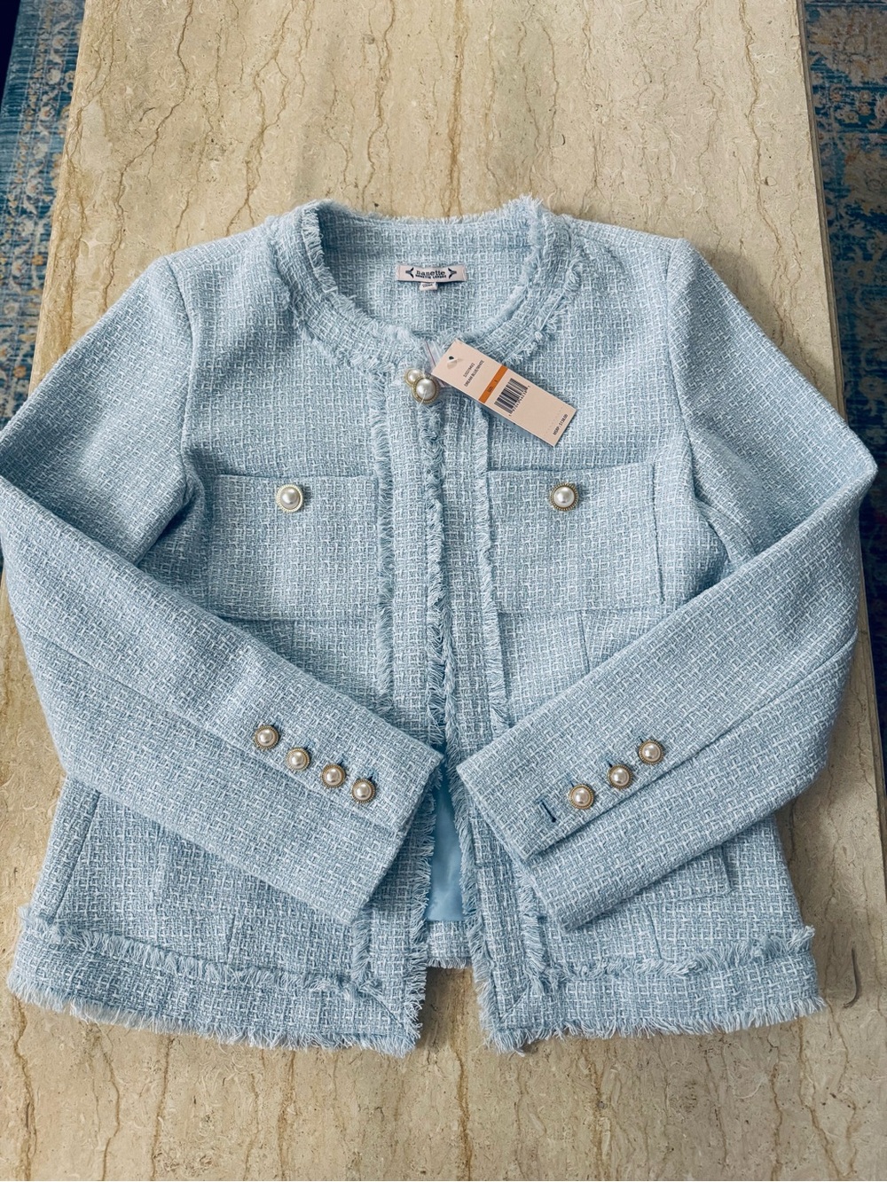 NWT Nanette Lepore Light Blue Tweed
Fringe Jacket Pearl Buttons.